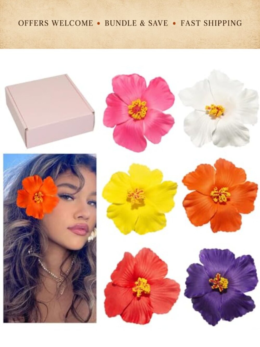 6Pc Hawaiian Hibiscus Flower Hair Clips Metal Alligator 3.5in